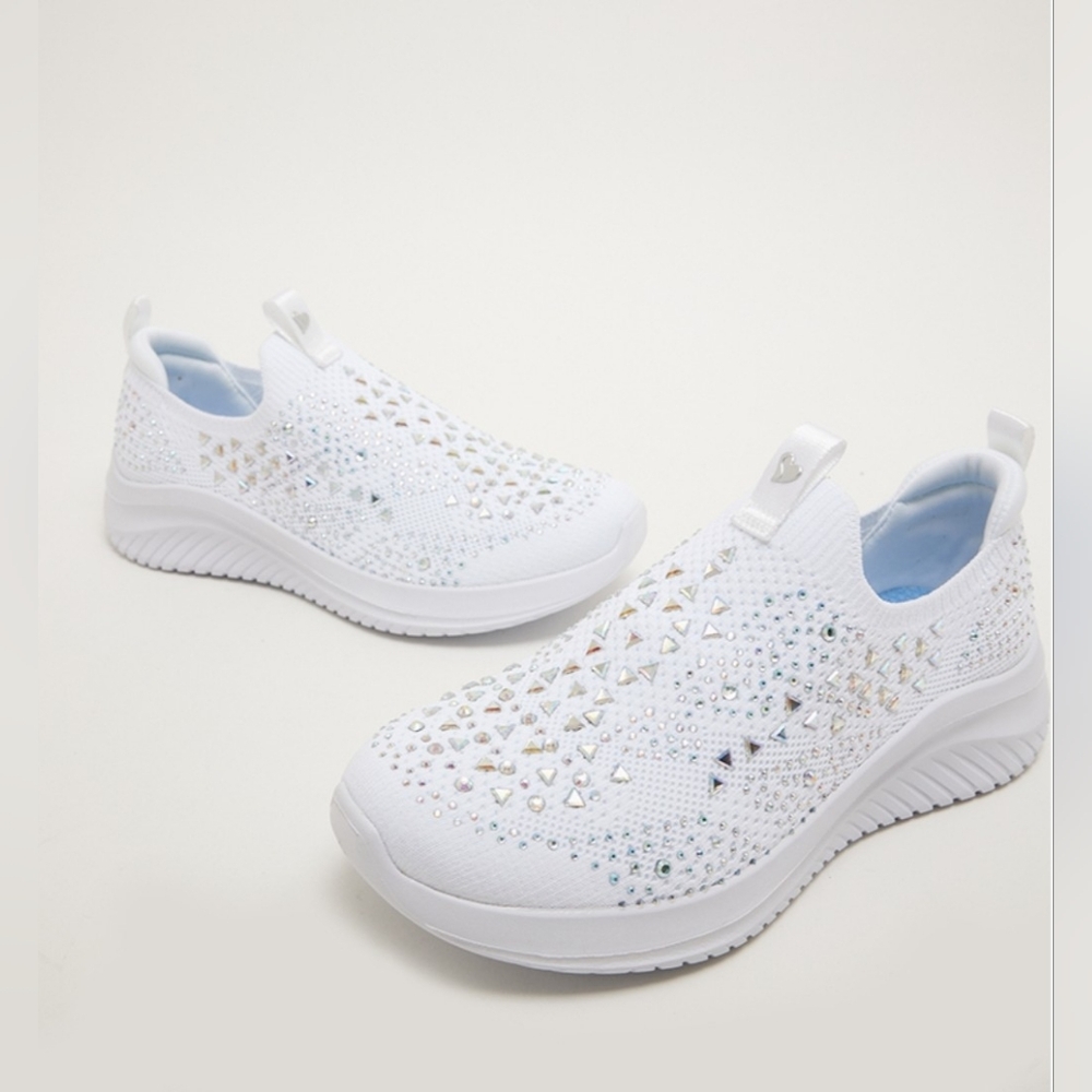 Skechers Girls White Rhinestone Slip-On Sneakers Size 1.5 NWT